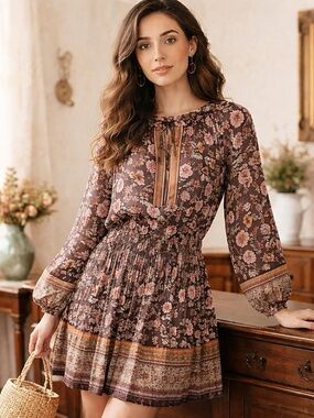 Current Air Anthropologie Brown Floral Long Sleeve Smocked Mini Dress